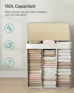 Luniva Wasmand 3 Vakken 150L - Wassorteerder met Deksel - Inclusief 3 Uitneembare Waszakken - Opvouwbaar - Bamboe - Lichtgrijs — thumbnail 2
