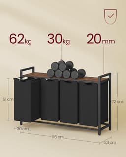 Conway Living® Wassorteerder - 4 vakken - 160L - Metaal - vintage Bruin en Zwart -Wasmanden - Wassorteerder 4 vaken - 116 x 33 x 72 cm — thumbnail 2