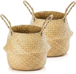 2 stuks zeegras opbergmanden met handvatten - Geweven opvouwbare ronde speelgoed- en wasmand voor planken (24×20 cm) — thumbnail 1