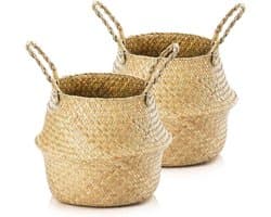 2 stuks zeegras opbergmanden met handvatten - Geweven opvouwbare ronde speelgoed- en wasmand voor planken (24×20 cm)