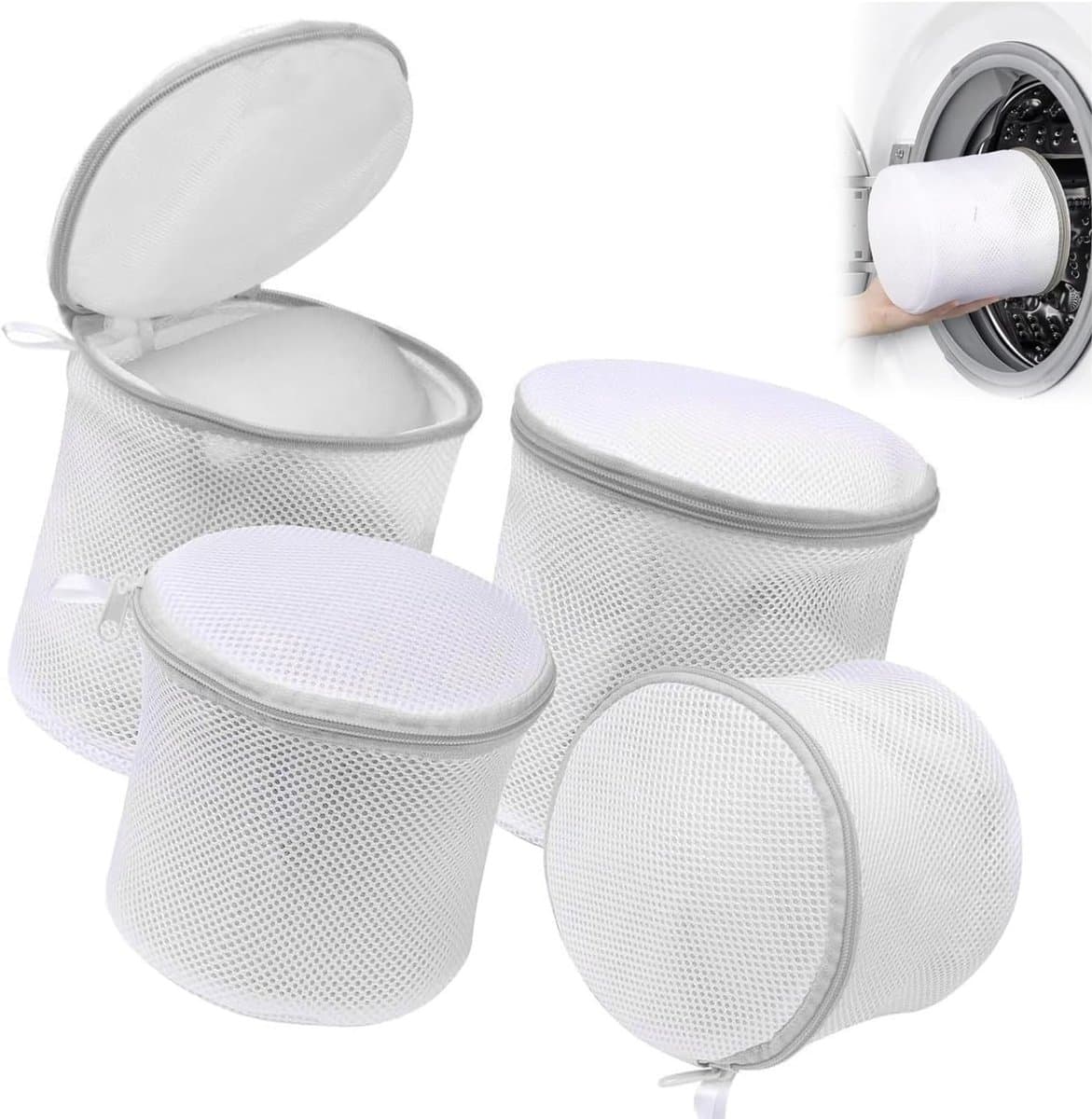 Cilindrische mesh waszakken 4-pack voor delicate was, met veilige ritssluitingen voor beha's en ondergoed, ideaal voor wasmachines en sokken — afbeelding 1