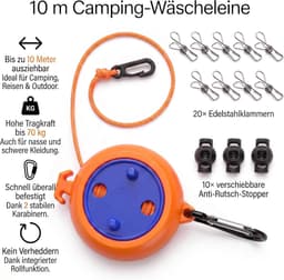 Camping waslijn, 10 m, uittrekbaar, reiswaslijn met 20 roestvrijstalen wasknijpers en 10 stoppers, winddicht, outdoor - ShopVlot — thumbnail 4