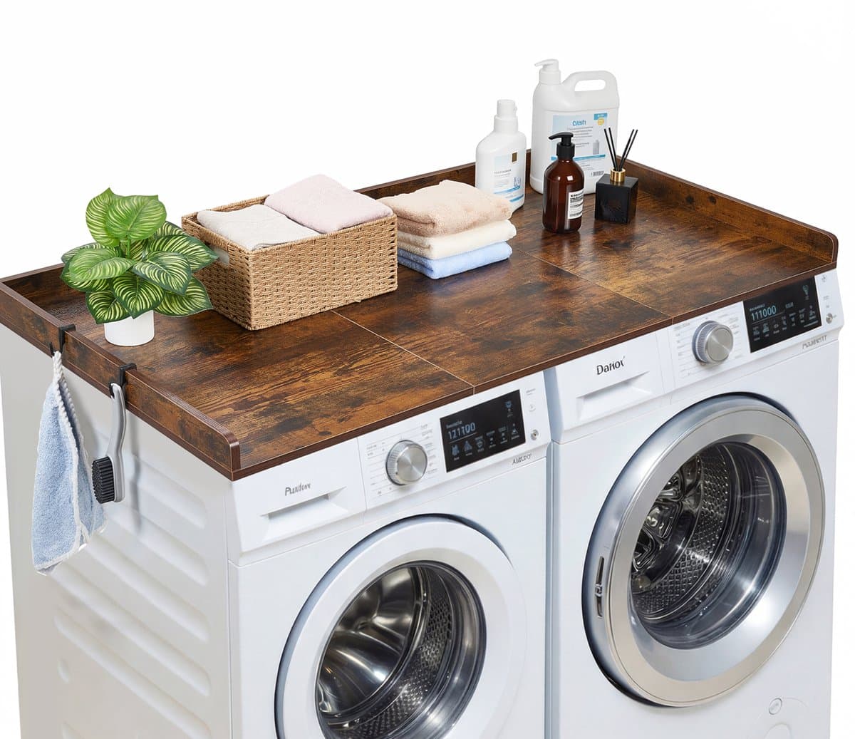 VEVOR Wasmachine en Droger Bovenplaat, 137 X 69,9 cm Houten Was- en Drogerbovenplaat met Rand en Haakjes, Waterbestendige Wasmachinebovenplaat voor Waskast, Pantry en Werkplaat Organiseren en Opbergen, Bruin — afbeelding 1