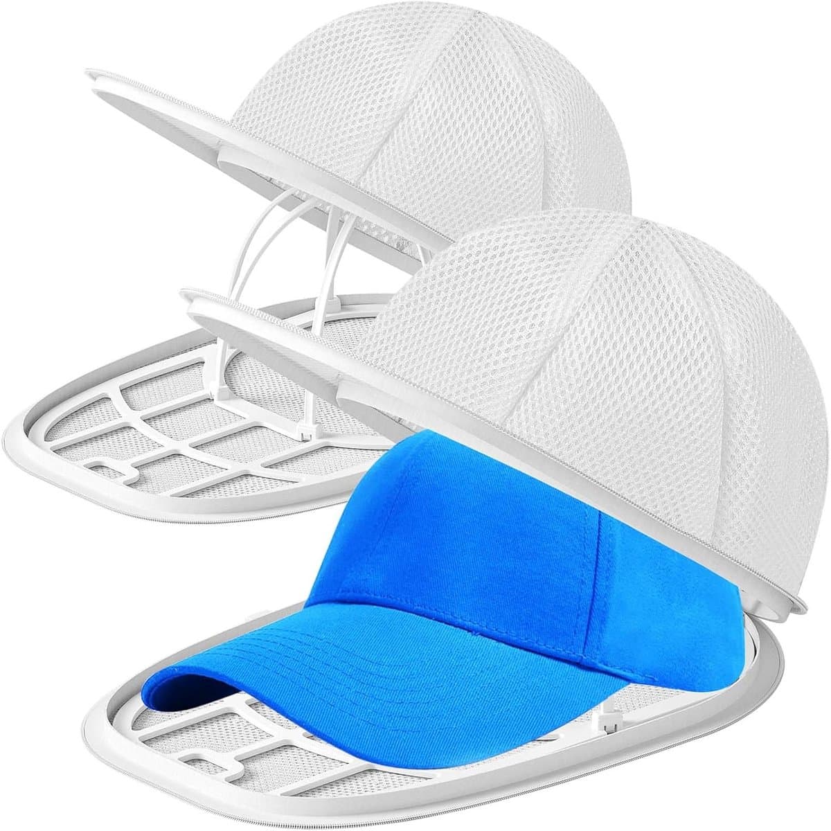 Set van 2 - Hoedenrek - Hoedenrek voor de wasmachine - Houder voor het wassen van baseballpetten - Hoedenbeschermer - Inclusief netzak - Hoedenwaszak - Behoudt effectief de vorm van de hoed - Eén maat - Wit — afbeelding 1