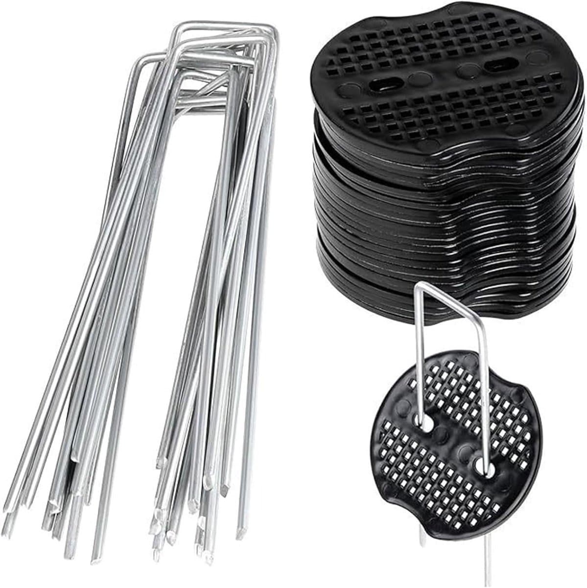 Stevige grondankers met herbruikbare U-vormige pinnen, 50 stuks + 50 buffer discs voor tuin en stabilisatie, anti-roest en ideaal voor onkruidbestrijding, 15 x 4 cm, diameter 2.5 mm — afbeelding 1