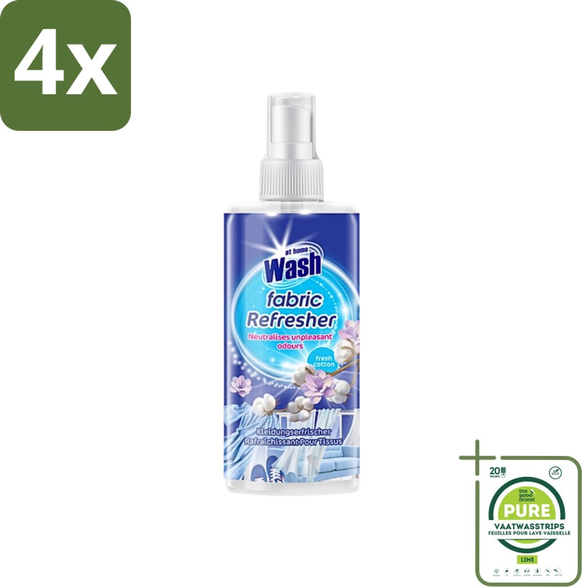 At Home - Wash - Textielverfrisser - Fresh Cotton - Neutraliseert Onaangename Geuren - 300 ml - Voordeelverpakking - 4 stuks - Textielverfrisser - Katoengeur — afbeelding 1