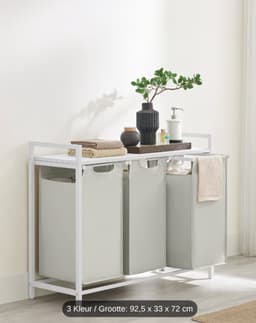 Wasmand 3 Vakken, Wasverzamelaar met Plank, Wasdoos, Oxford Doek Waszak Afneembaar, Metalen Frame, 3 x 38 L, 92.5 x 33 x 72 cm, Vintage Duifgrijs — thumbnail 1