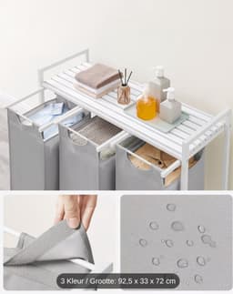 Wasmand 3 Vakken, Wasverzamelaar met Plank, Wasdoos, Oxford Doek Waszak Afneembaar, Metalen Frame, 3 x 38 L, 92.5 x 33 x 72 cm, Vintage Duifgrijs — thumbnail 2
