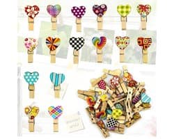 Houten Knijpers - Decoratieve Clips - Foto's Ophangen - Hartvorm Design - 50 Stuks - Kleurrijk