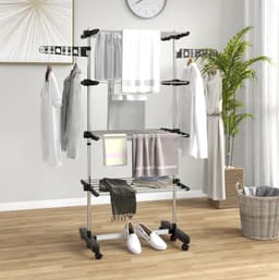 MEUNIQ Droogtoren 142 x 55 x 172 cm met 5 niveaus, inklapbaar wasrek met verstelbare zijstang, 6 wielen en draagvermogen 30 kg voor binnen, zwart en zilver — thumbnail 1