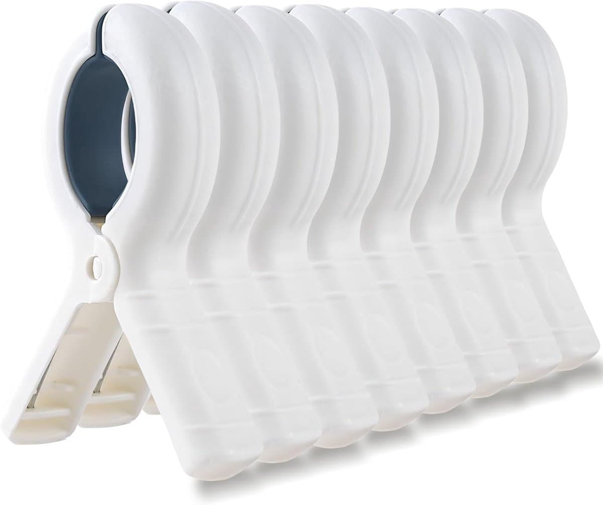 Thijox - 8 Stuks Handdoekclips voor Ligstoelen - Grote Witte Strandhanddoekclips - Zonnebedhanddoekclips - Handdoek Haringen voor Strand en Camping - — afbeelding 1