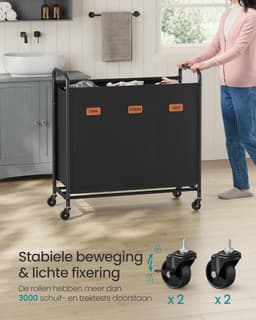 SONGMICS Roll Wasmand, 3-Compartiment Wasserij Collector, 170 L Wasmachine, Mobiele Waskar, 5 Labels, voor Wasruimte, Slaapkamer, Badkamer, Inkt Zwart — thumbnail 3