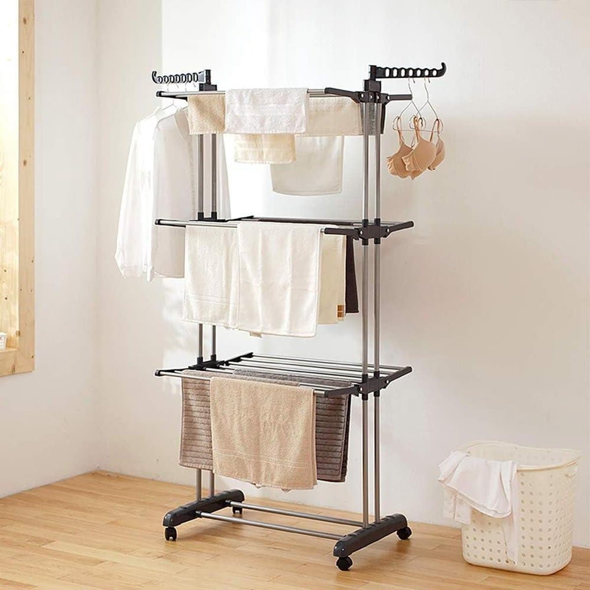 Droogrek Vier Niveaus - Kledingdroger Toren - Kleding Drogen - Inklapbaar Met Wielen - 75 x 64 x 170 cm — afbeelding 1