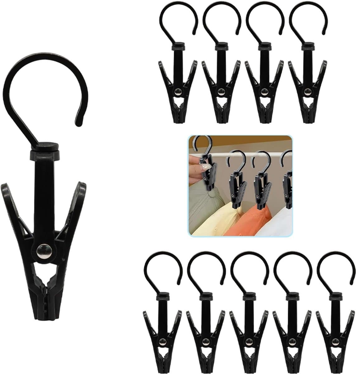10-delige set - Wasknijperclips - Draaibare wasknijpers - Met cliphaken - Draaibaar haakontwerp - Stevig en duurzaam - Te gebruiken voor het ophangen van sokken, kleding, dekens, gordijnen, handdoeken, gereedschap, enz. - 10,5*1,8 cm - Zwart — afbeelding 1