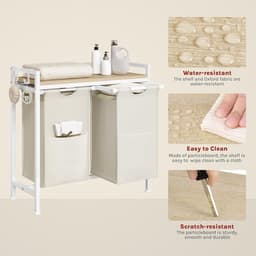 Wasmand met 2 vakken, 40 l/mand, met rek | Waszak van afneembare Oxford-stof, metalen frame, wit + licht eiken — thumbnail 4