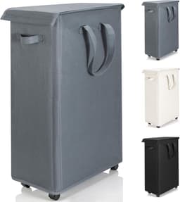 wasmand met deksel en wielen 55L - Opvouwbare dunne wasmachine oxford doek opbergmand met lange handgreep, geschikt voor slaapkamer, badkamer, wasruimte (Grijs) — thumbnail 2