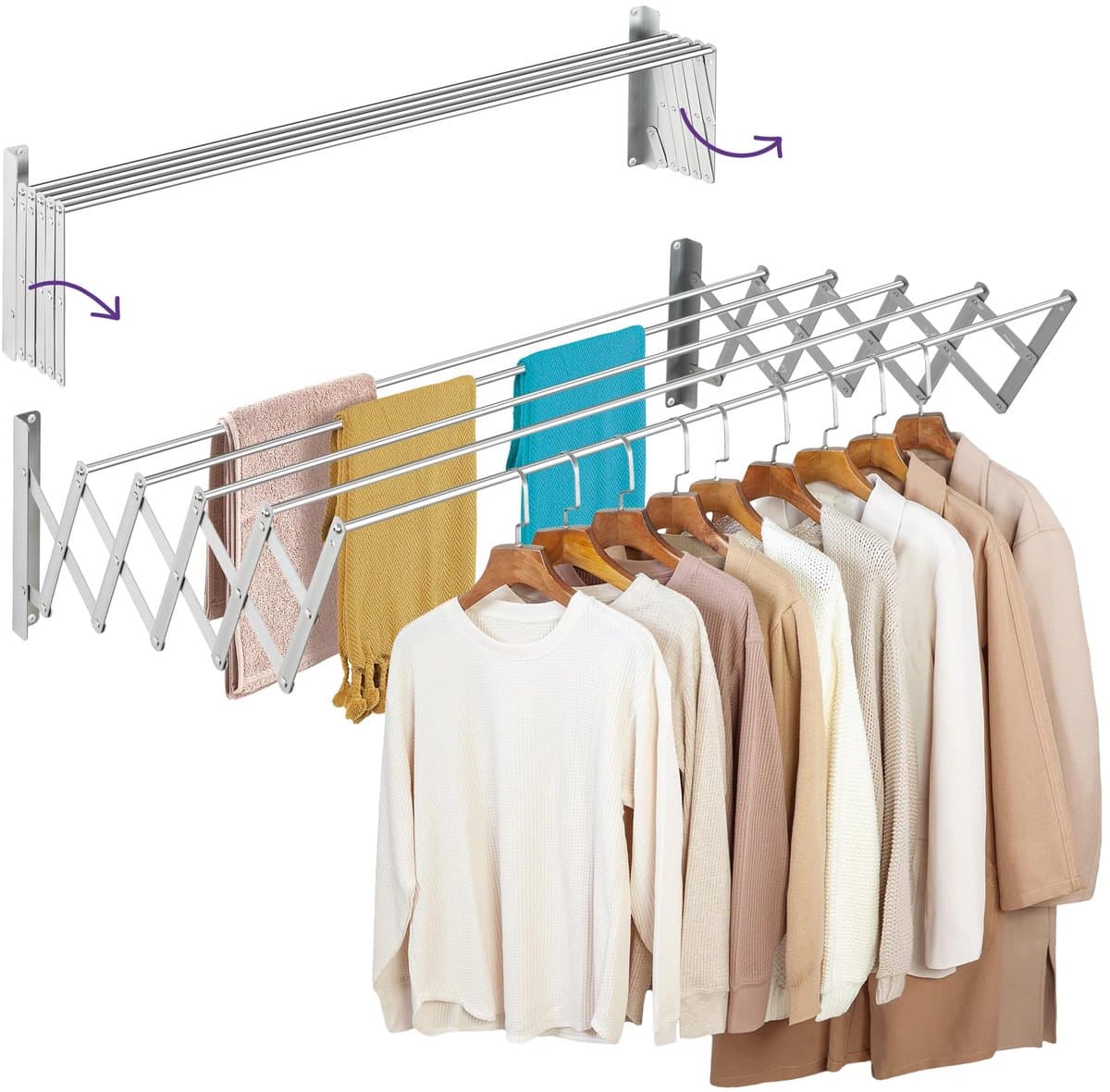 SnelShoppen - Uittrekbaar droogrek aan de muur 140 cm, roestvrij, inklapbaar met 5 aluminium buizen, uittrekbaar van 12-80 cm, ruimtebesparend voor bi — afbeelding 1