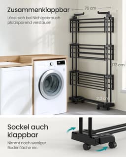 Joorly Wasdroger - Standaarddroger - Vleugelwasdroger - Wasdroogcombinatie - 4 niveaus - 63,5x125,5x173 cm - Zwart — thumbnail 4