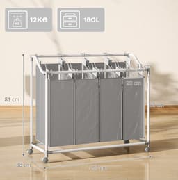 MEUNIQ wassorteerder met 4 vakken 160L, wasmand op wielen met uitneembare waszakken en metalen frame, 97 x 38 x 81 cm, grijs, voor badkamer wasruimte — thumbnail 4