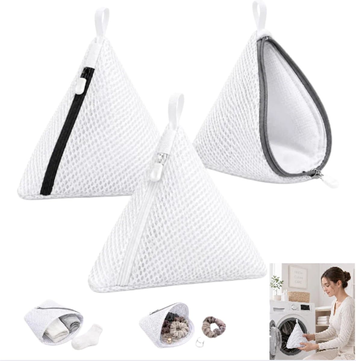 Set van 3 - Mini waszakjes van mesh - Waszakken - Polyester wasmachinezakjes - Waszakken van mesh met ritssluiting - 14*15 cm - Wit - Compact en draagbaar - Herbruikbaar - Geschikt voor delicate kleding, ondergoed en sokken — afbeelding 1