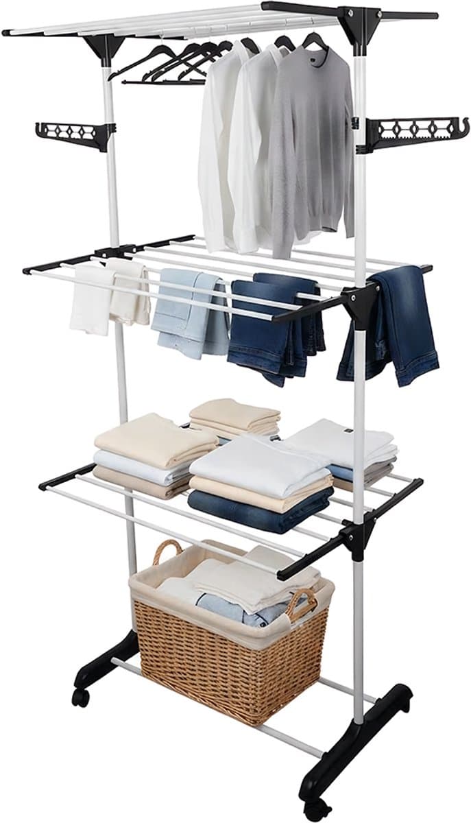 Wasrek, Opvouwbare Kledinghanger Met 4 Lagen, Draagbare Opvouwbare Wasdroger, Met Wielen. — afbeelding 1