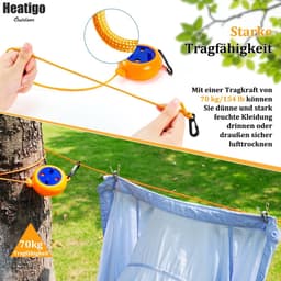 Uitschuifbare Waslijn 10m - Draagbare Reistaslijn voor Badkamer, Wasruimte, Tuin, Camping - Oranje - 1 Stuk — thumbnail 3