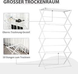 Droogtoren Opvouwbaar 74 x 35 x 144 cm Metaal ABS Wit Met 8 Lagen En 10 Ophangstangen Voor Compact Binnen Drogen En Ruimtebesparend Opbergen — thumbnail 2