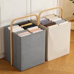 Vouwbare Wasmand 58L met Bamboe Handvat, Ideaal voor Opberging in Slaapkamer en Badkamer, Duurzaam en Ruimtebesparend — thumbnail 5