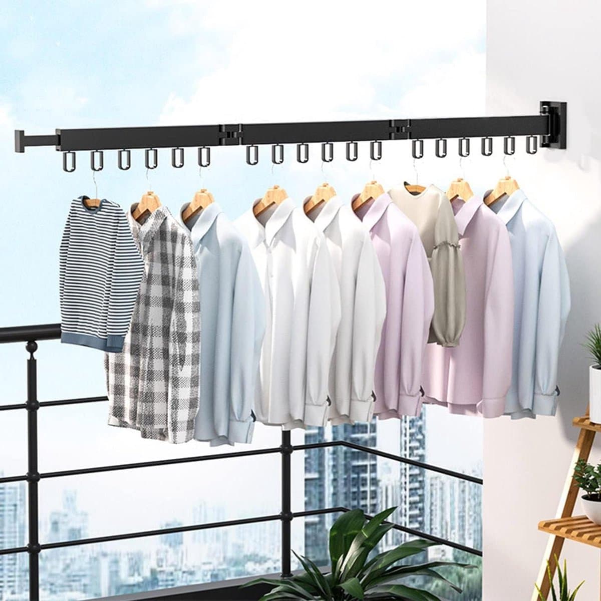Inklapbaar Uittrekbaar Wasrek 120 cm Wandmontage - Kledingstang Droogrek met 18 Haken - Handdoekhouder Balkon Slaapkamer Badkamer — afbeelding 1