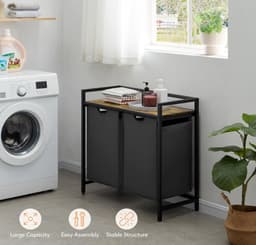 Stellar Wasmand - 2 Secties - 95L Inhoud - Uittrekbare Zakken - Met Opslagplank - 76x33,5x72 cm - Zwart — thumbnail 5