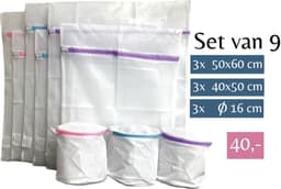 Waszak - Wasnetten met rits - Set van 9 - 60 x 50 cm - 50 x 40 cm - Ø 16 cm - Incl. verzenden - Ritssluiting - Wasnetjes - Washing Bag - Waszakken - Wasnet lingerie bh - Transparant - Wit - 100% polyester - Bescherm je wasgoed en wasmachine — thumbnail 1