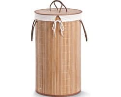 1x Luxe ronde bruine wasmanden van bamboe hout 35 x 60 cm - Huishouding/huishouden - Schoonmaakartikelen - Was sorteren/verzamen - Wasgoedmanden/wasmanden - Ronde wasmanden