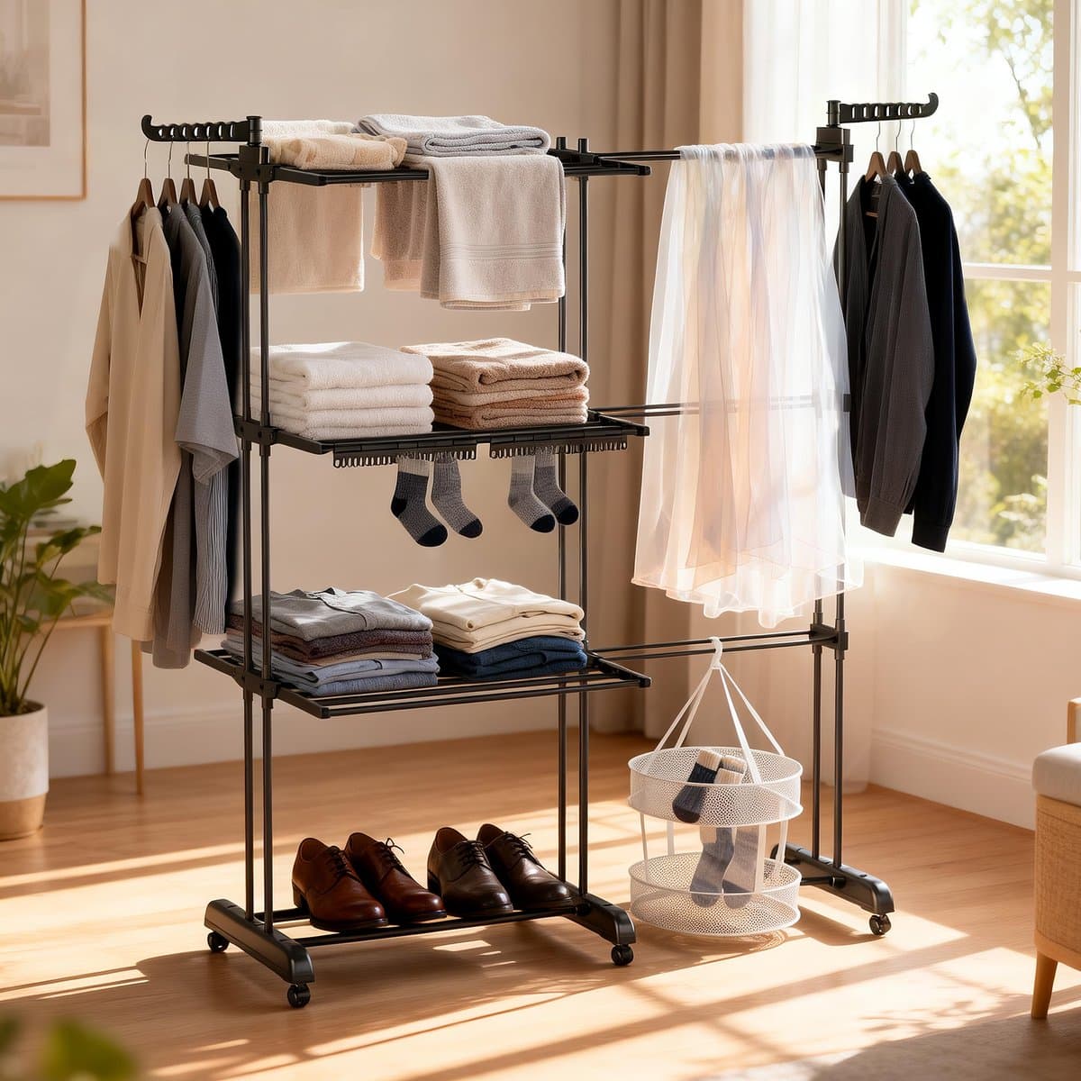 Soontrans Metalen Wasrek Met Wielen – Inklapbaar & Uitschuifbaar, 3 Verdiepingen Droogtoren 66x50x170cm, Multifunctioneel Voor Binnen/Buiten/Balkon, Stevig en Langleven, Inclusief 2 Sokkenclips en 1 Dubbellaagse Droogmand (Zwart) — afbeelding 1