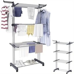 Wasrek - Droogrekken-Droogtoren-3 laags met verstelbare rollerstaaf,-opvouwbare hangers en wielen-Geschikt voor binnen en buitengebruik -Grijs — thumbnail 1