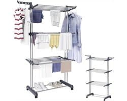 Wasrek - Droogrekken-Droogtoren-3 laags met verstelbare rollerstaaf,-opvouwbare hangers en wielen-Geschikt voor binnen en buitengebruik -Grijs