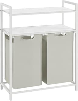 Wasmand - 2 Vakken & Opbergrek – Dubbele Was Sorter met Uitneembare Waszakken – 90L - Wit - 73x33x92cm — thumbnail 1