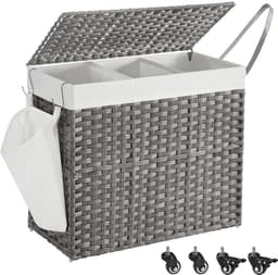 Wasmand met 3 Vakken & Deksel – Grijs Rotan Look – Met Wieltjes & Zijvak – Uitneembare Waszakken – 160L — thumbnail 1