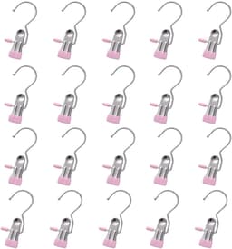 20 Stuks - Wasknijpers - Sokclips - Kledinghangers met Clips - Winddichte clips - Multifunctionele clips - 11,3*4 cm - Roze - RVS - Kledinghaken - Hoedclips - Broekklemmen met Antislip - Voor Rokken, Broeken en Sjaals — thumbnail 1