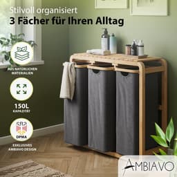 Wasmand met 3 vakken, grijs, ruimtebesparend design en bamboeconstructie — thumbnail 4