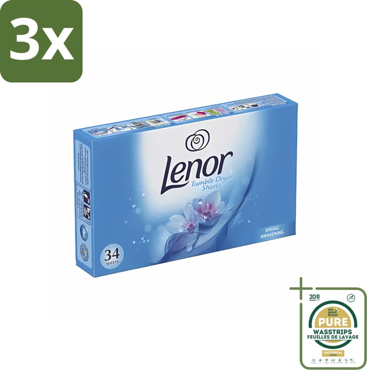 3 x Lenor - Droogtrommeldoekjes - Spring Awakening - 34 Doekjes - Grootverpakking - Droogtrommeldoekjes - Wasverzachter - Drogerdoekjes - Geur Droger - Bloemige Geur — afbeelding 1