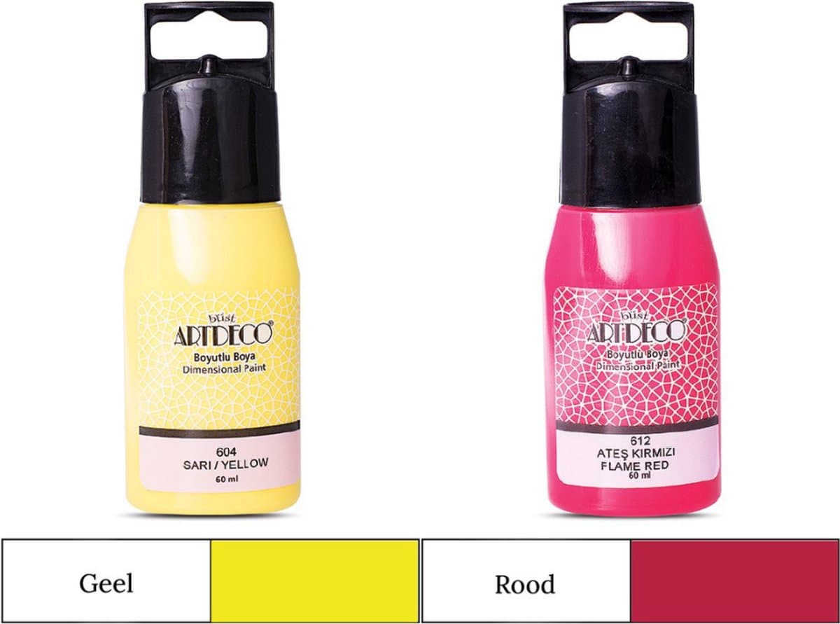 Artdeco 3D Dimensionale Verf Set – 2x50 ml – Geel & Rood – Geschikt voor Stof, Glas, Keramiek, Karton, Metaal, Papier & Steen – 3D Liner Textuur- en Reliëfschilderen Dimensional Paint — afbeelding 1
