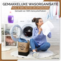 Lexorion Laundry Day - Wasmand - Opvouwbare Wasmand - 80 L Wasmand - Klassieke Engelse Stijl voor Wasgoed - Voor Speelgoed en Dekens - Milieuvriendelijke - Kunstleren Handvatten - Rubberen Onderkant - 100% Katoen - Zwart - 40x40x50 cm — thumbnail 3