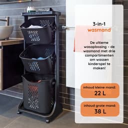 Eleganca Wasmand 3 vakken - Inhoud 82 L - Wassorteerder - Afneembare manden - Wasmand op Wielen - Ruimtebesparend - B44xD33xH109 cm - Kunststof - Zwart — thumbnail 3