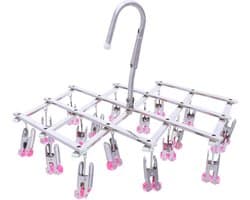 Druppelhanger, roestvrijstalen droogrek, sokkenhanger, ondergoeddroger, 18 wasknijpers voor korte was, opvouwbaar, winddicht, snel kleding verzamelen, rood