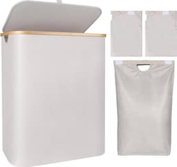 Wasmand met deksel 140 L, wasmand met verwijderbare 3 binnenzakken, opvouwbare wasbox 3 vakken Geschikt voor maximaal een week kleding, beige — thumbnail 1