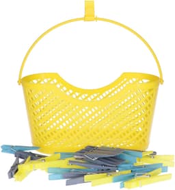 24x gekleurde wasknijpers in hangmandje - geel - kunststof - 17 x 19 x 11.5 cm - wassen - ophangen - knijpers — thumbnail 1