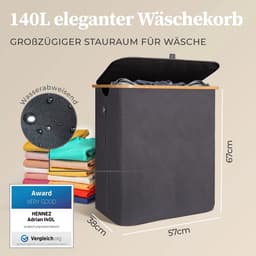 HENNEZ Wasmand met deksel van 140L opvouwbaar met scheiding en een bamboe frame - inclusief waszak - antraciet — thumbnail 3