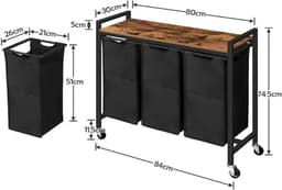 Wasmand 3 vakken – Was sorteerder - Op wielen - 84 x 30 x 74,5 cm – Wasmand - 168L verdeeld over 3 zakken – Wasmanden – Wasmand zwart metaal - Bruin hout - Met wielen — thumbnail 2