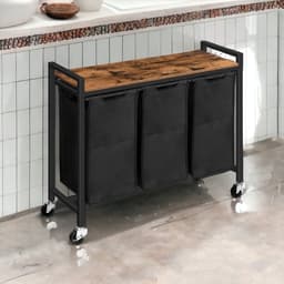 Wasmand 3 vakken – Was sorteerder - Op wielen - 84 x 30 x 74,5 cm – Wasmand - 168L verdeeld over 3 zakken – Wasmanden – Wasmand zwart metaal - Bruin hout - Met wielen — thumbnail 4