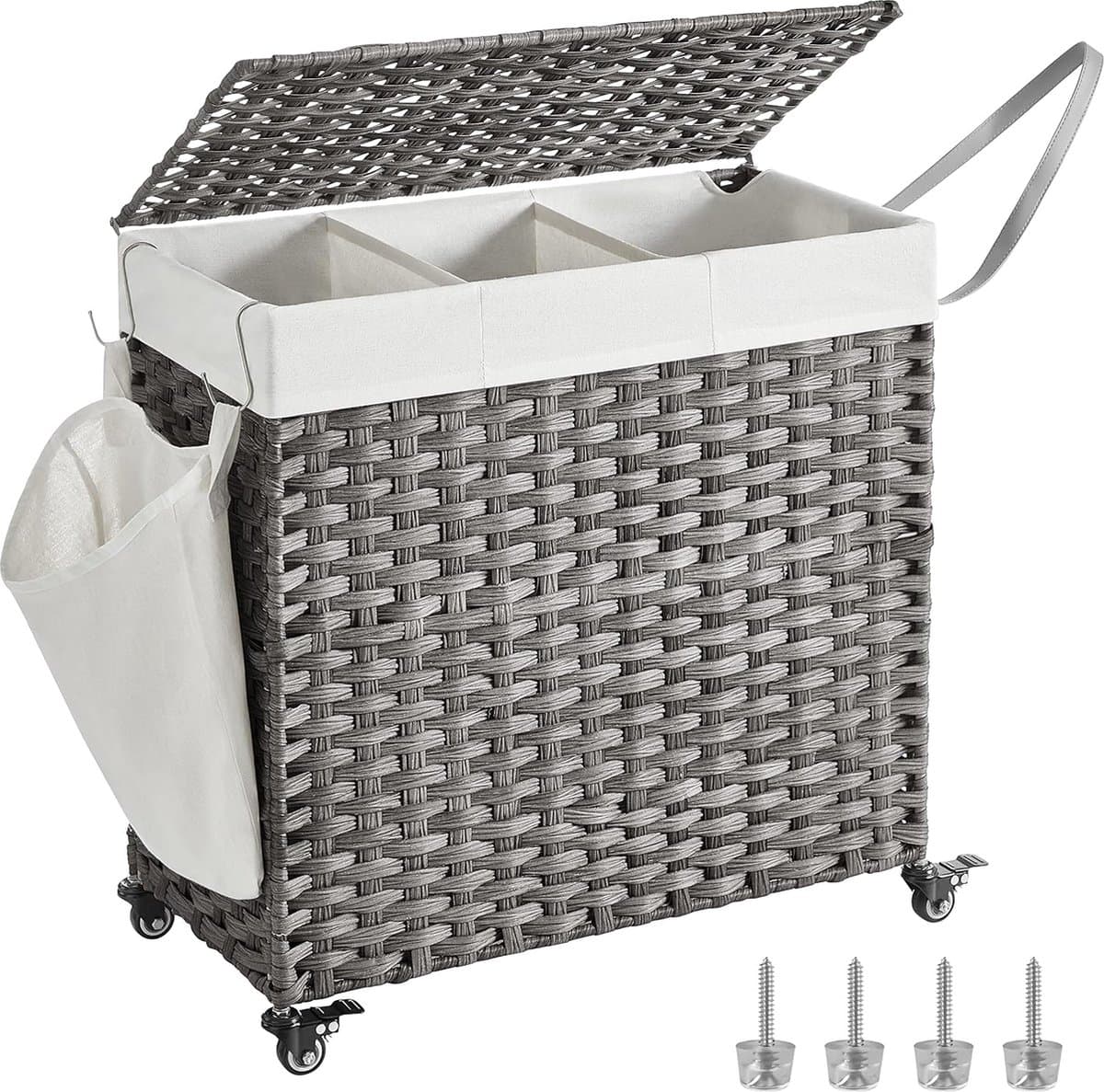 wasmand met de hand gevlochten, waszak met deksel, met 3 vakken, opvouwbaar, met wielen, van polyrotan, handgrepen, katoenen waszak in de machine wasbaar, natuurlijke kleuren LCB363G01 — afbeelding 1